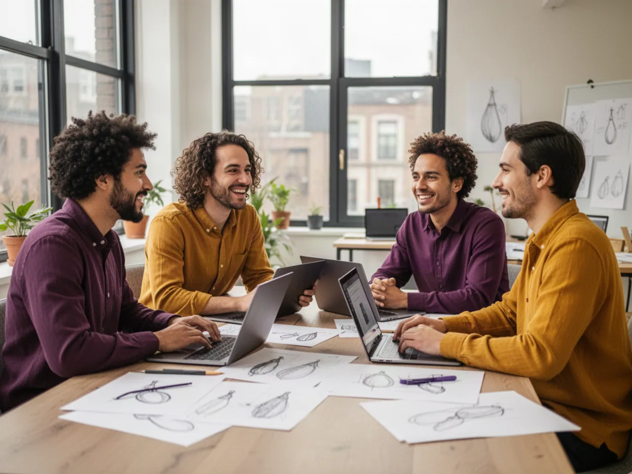 A small team collaborating around a table in a bright studio