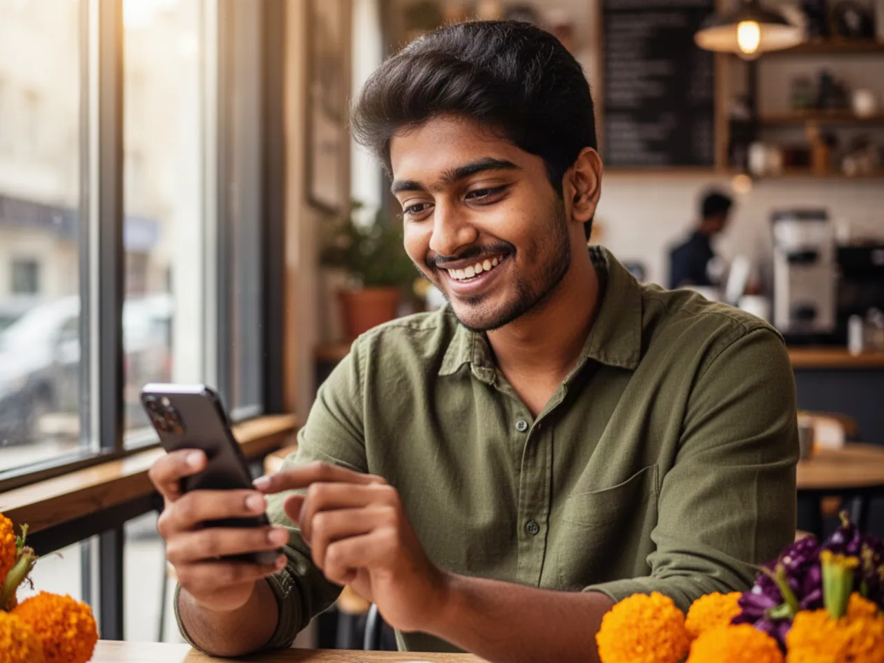 A young man in a cafe smiling as he shares a card from his phone