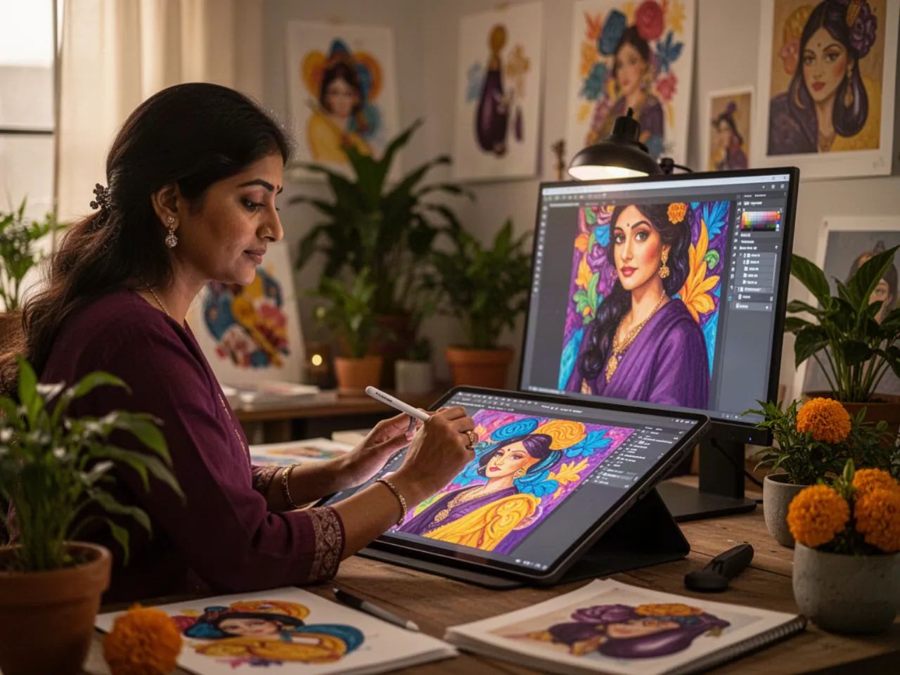 A designer drawing card artwork on a large tablet in a studio