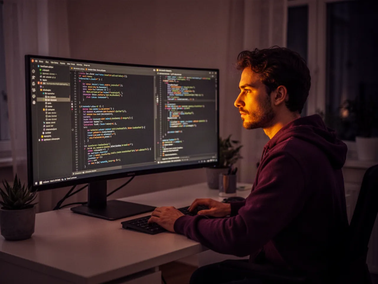 A developer working at a wide monitor late in the evening