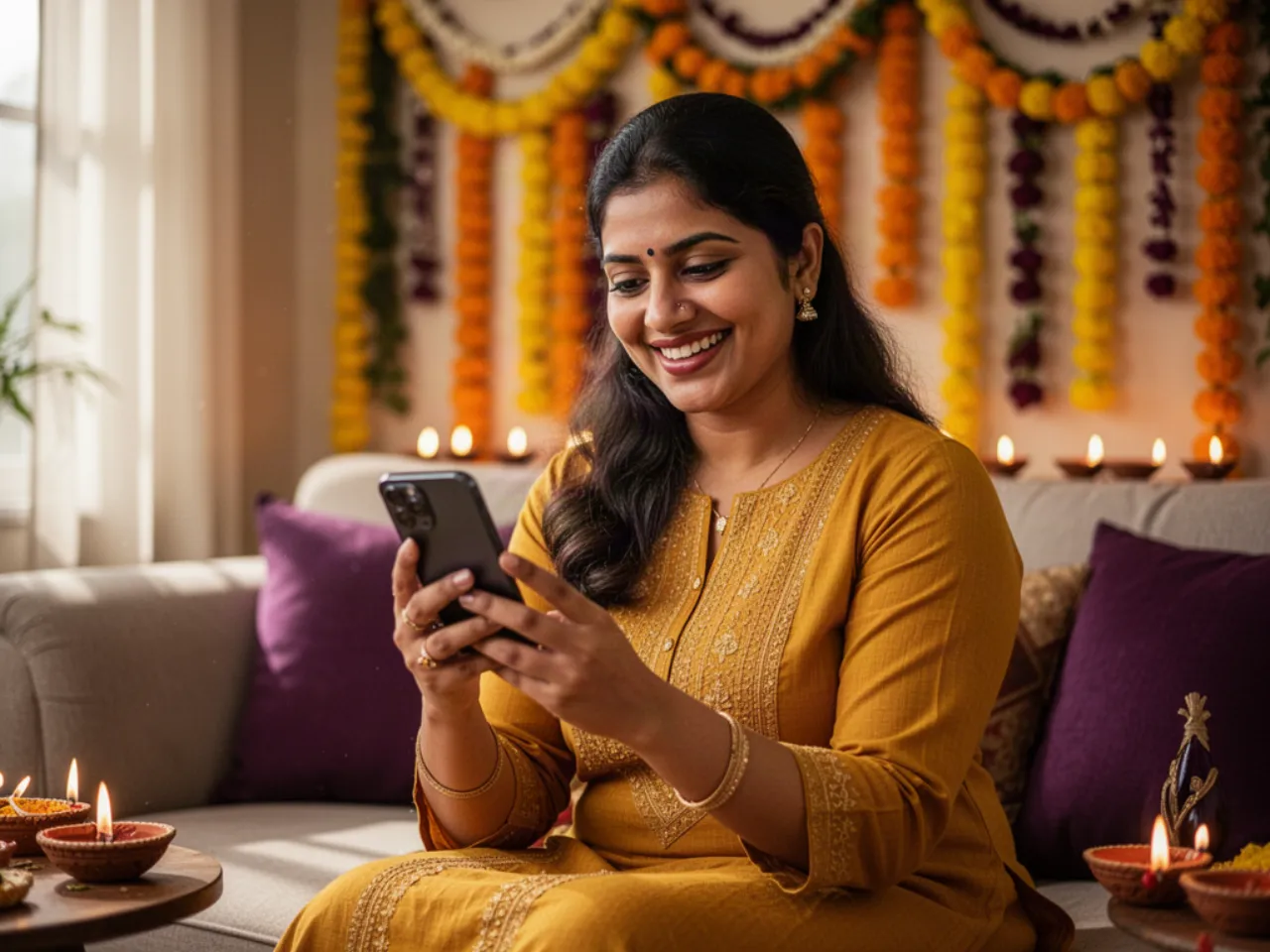 A woman smiling at her phone in a living room decorated for Diwali, a personalised card on screen