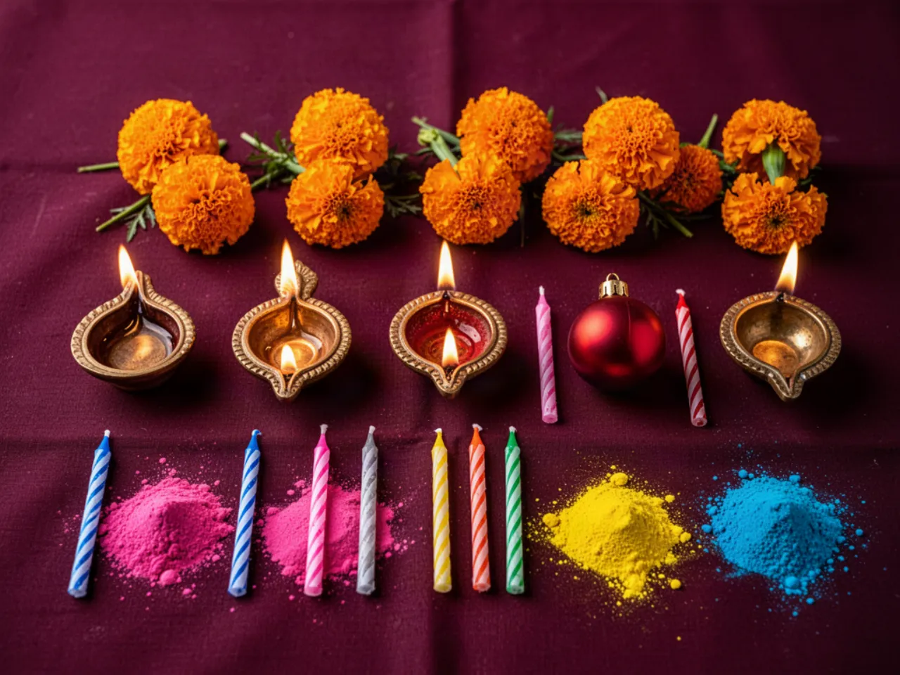 Diya lamps, marigolds, a bauble, birthday candles and rangoli powder laid out in rows on plum fabric