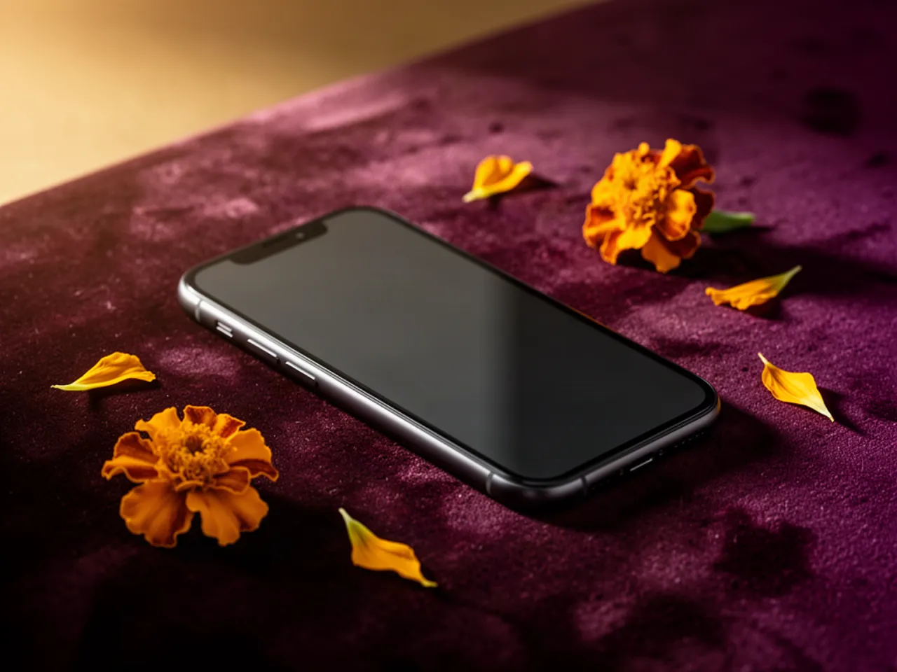 A smartphone on deep plum velvet with scattered marigold petals