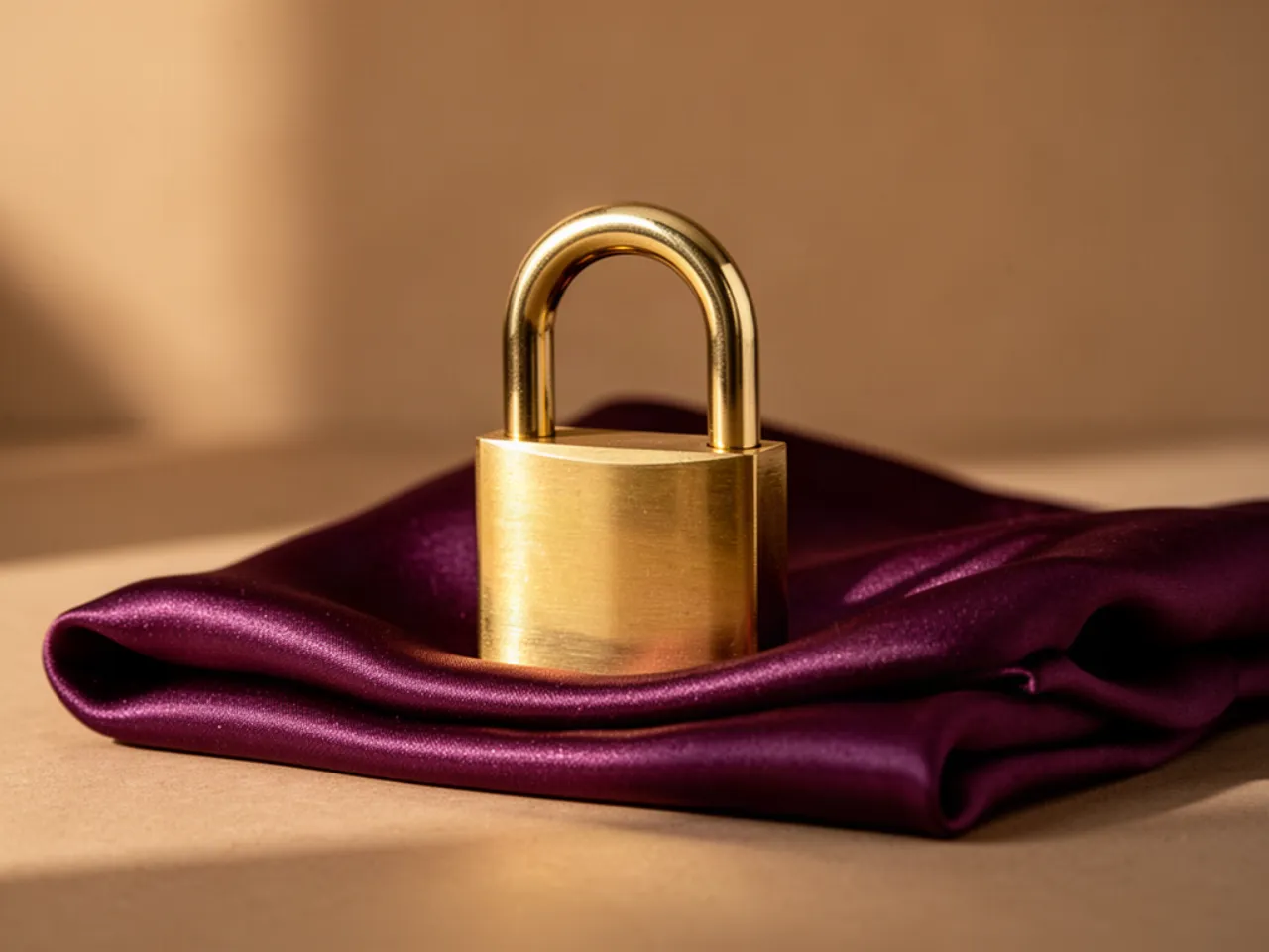 A brass padlock resting on folded plum silk