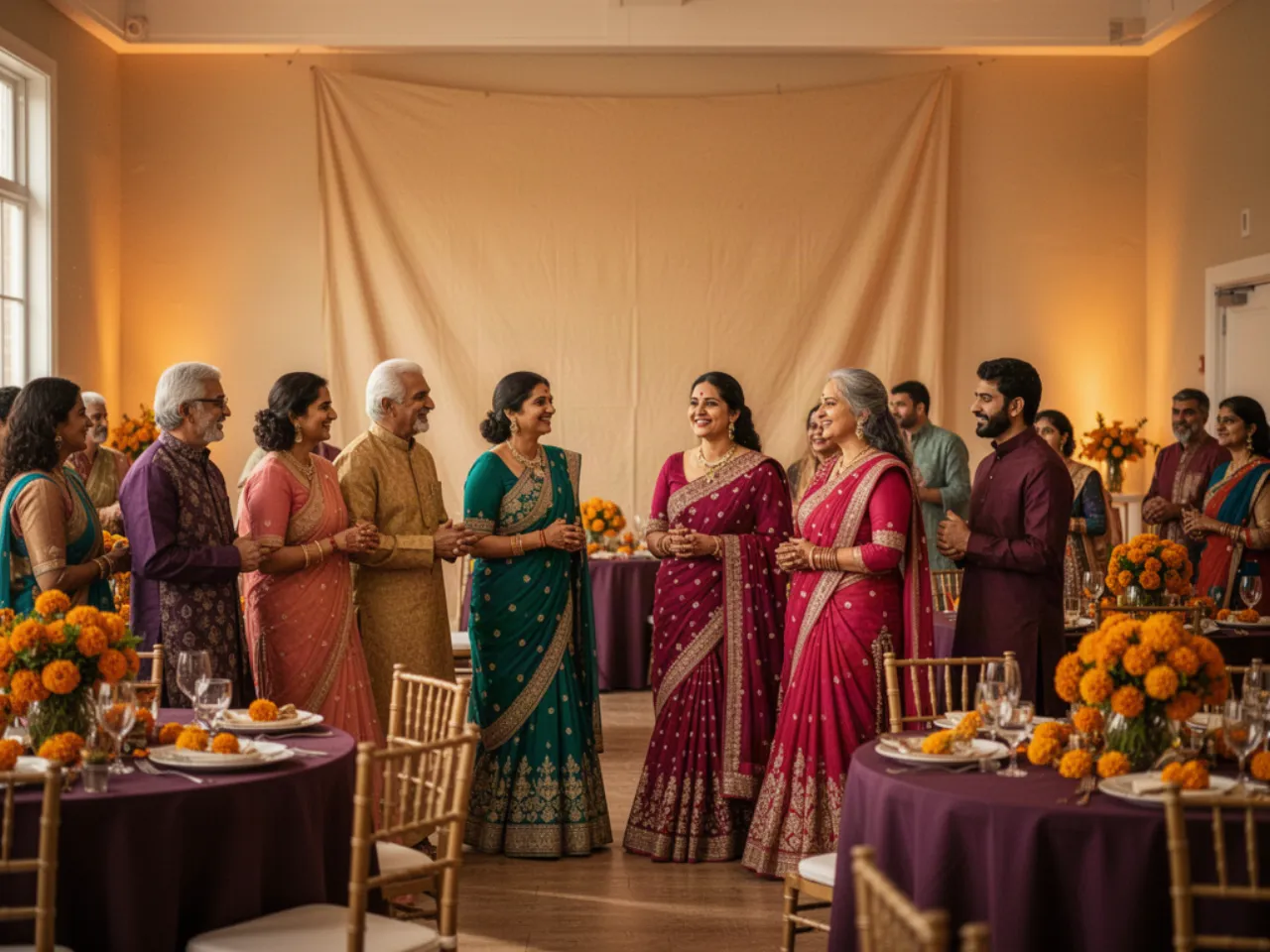 An Indian community celebration in a hall with a plain banner behind the stage