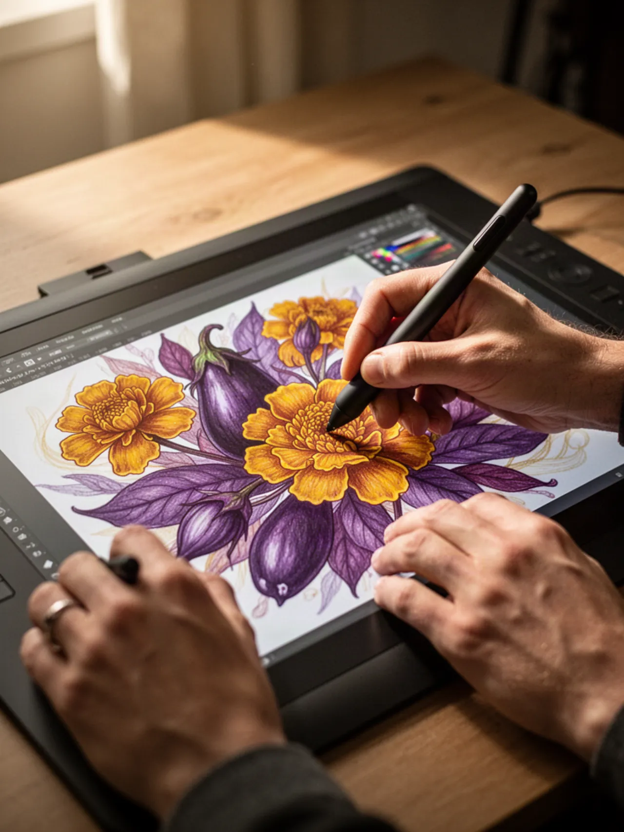 Hands drawing a colourful illustration on a graphics tablet