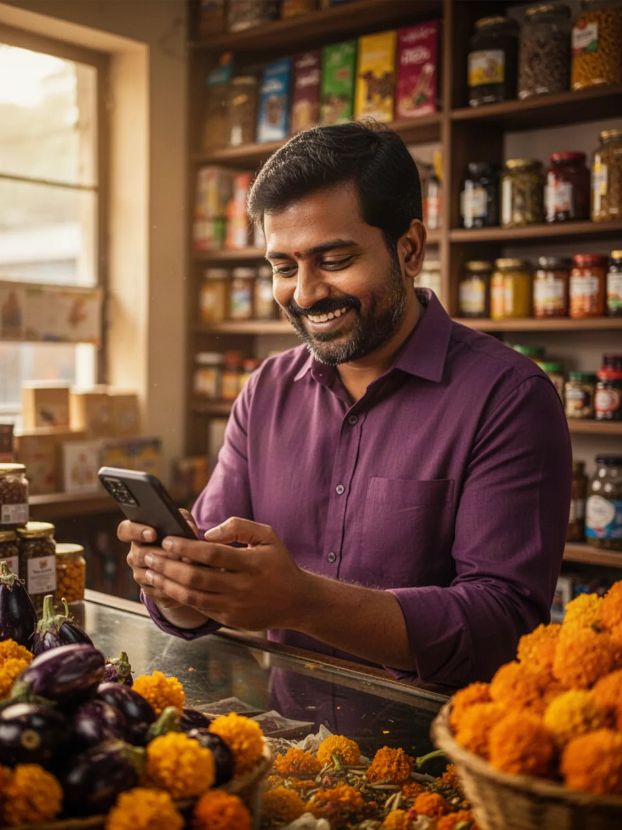 A shop owner checking his phone at his counter