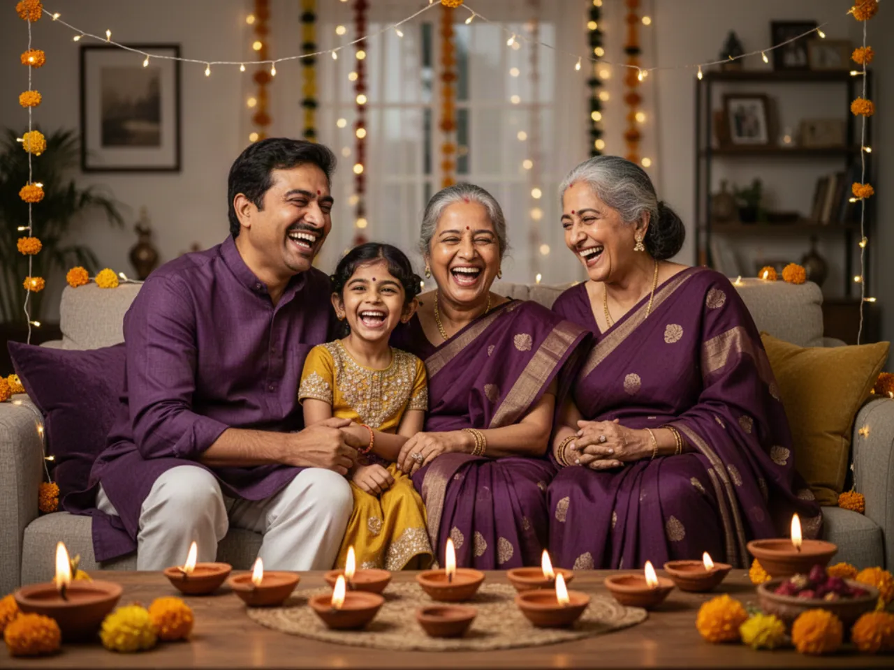 Three generations of a family laughing together at home during a festival