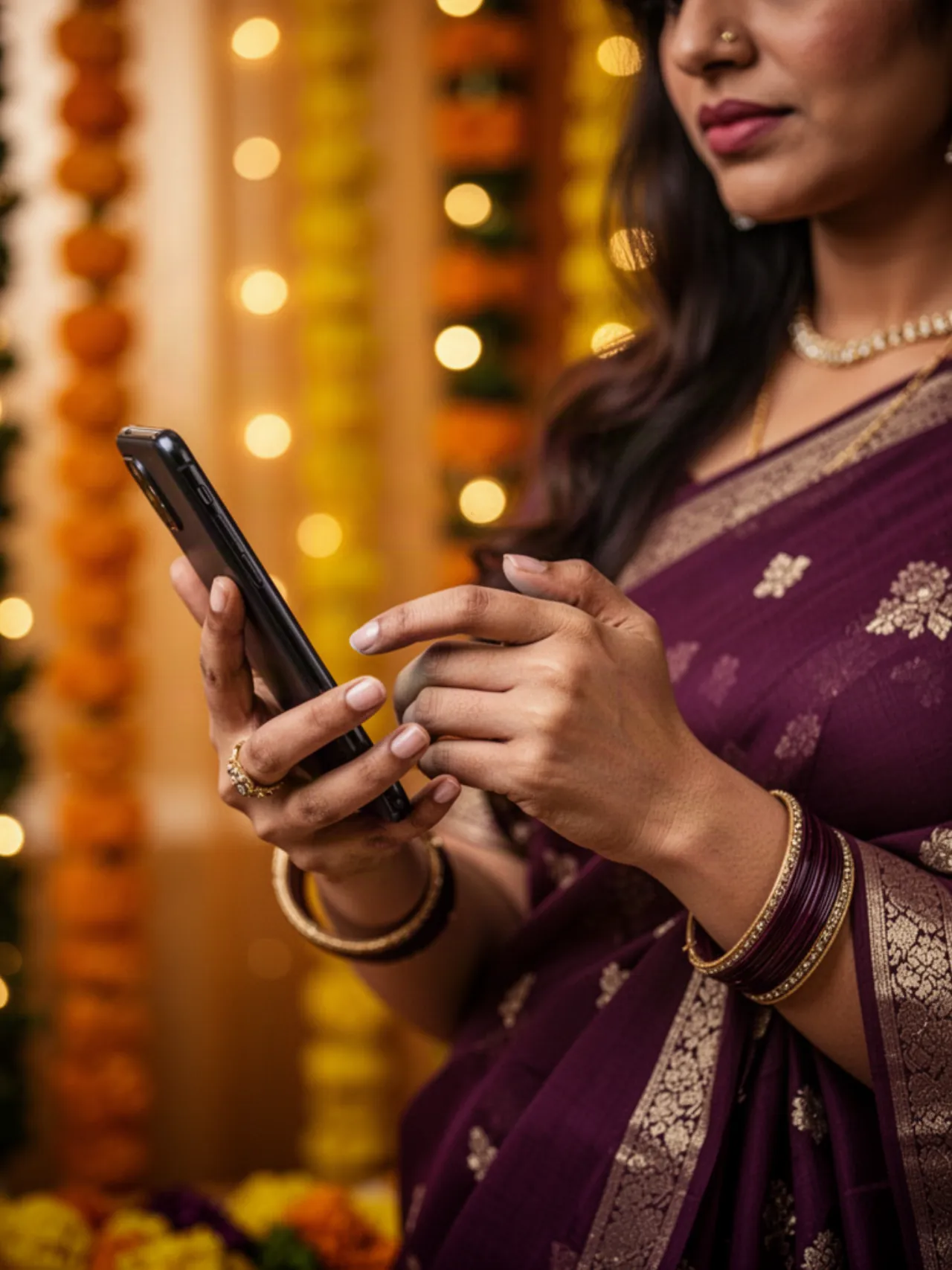 A hand holding a phone, thumb mid-tap, festive lights behind