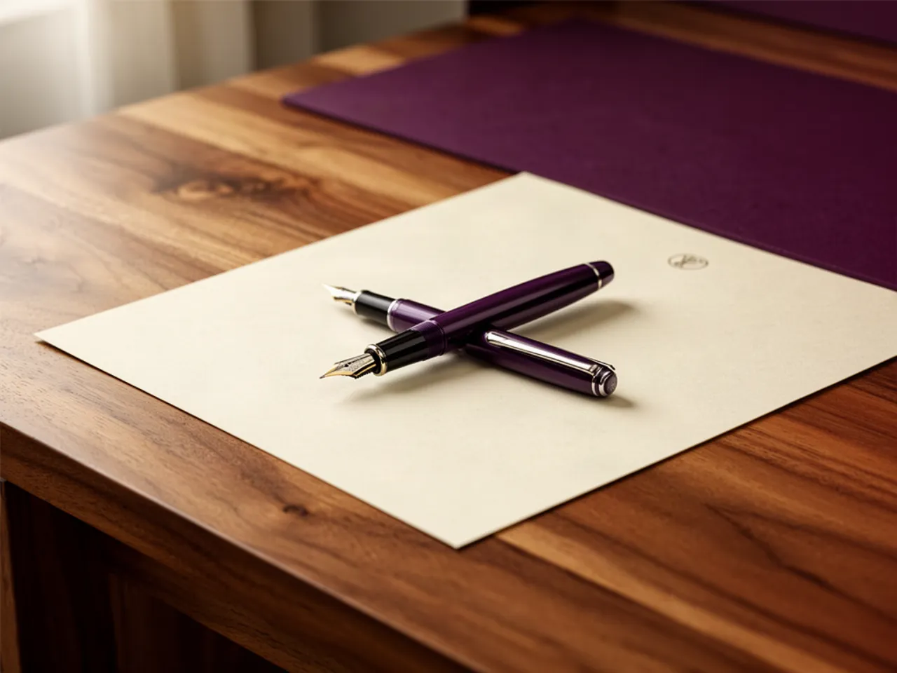 A fountain pen resting on cream paper on a walnut desk